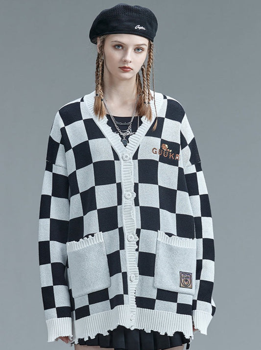 GUUKA black and white mesh cardigan sweater women's trendy brand hip hop logo embroidery ripped knit sweater jacket women's loose