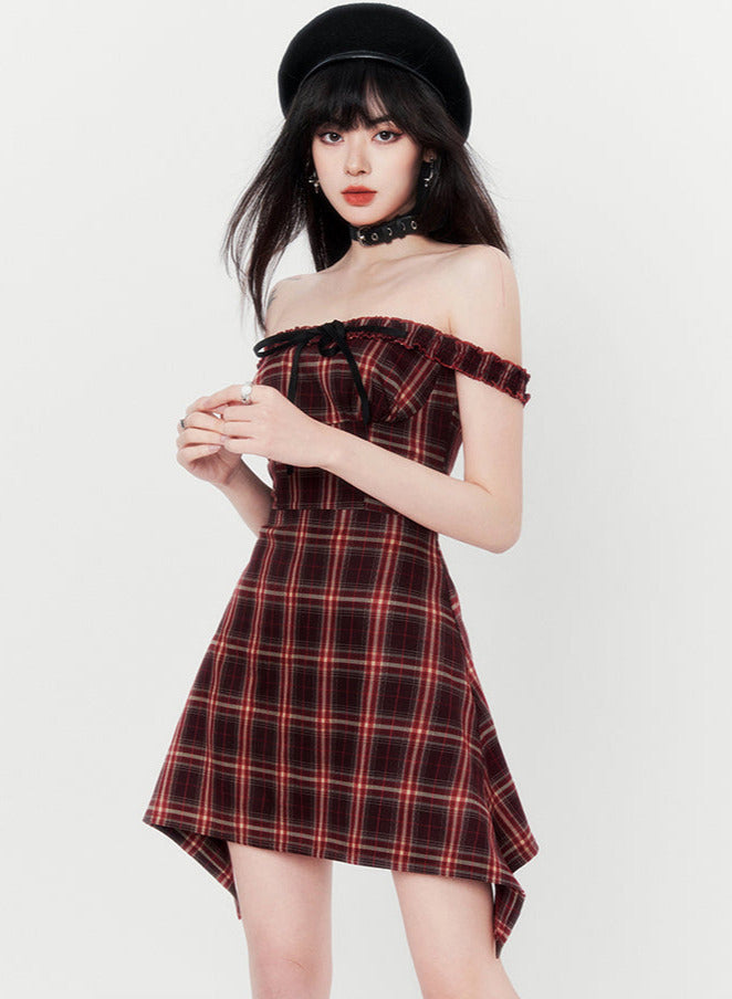 French Retro Check Ilehem Frill Ribbon Sas Dress