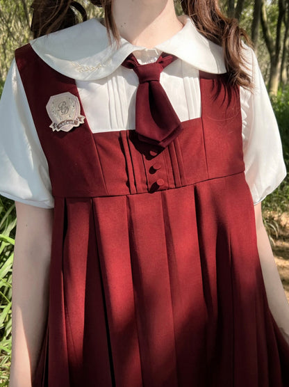 Red burgundy suspender dress + tie + emblem badge