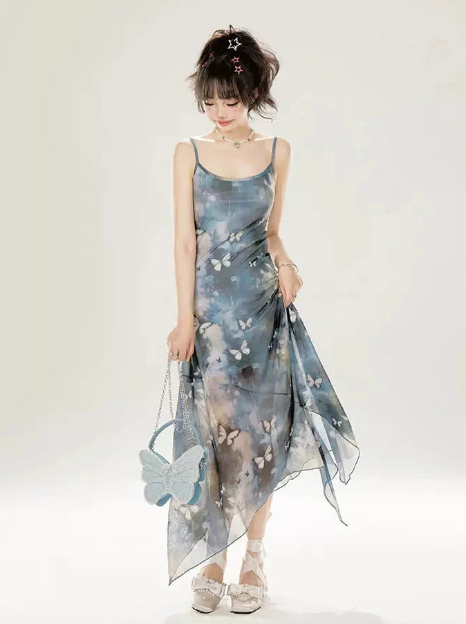 Butterfly Blue Suspender Irregular Seaside Long Dress