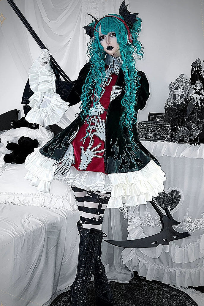 [Pre-order] Dark Green x Red Gothic Prince Velvet Flame 3D Chain Detail Ruffle Lolita Dress