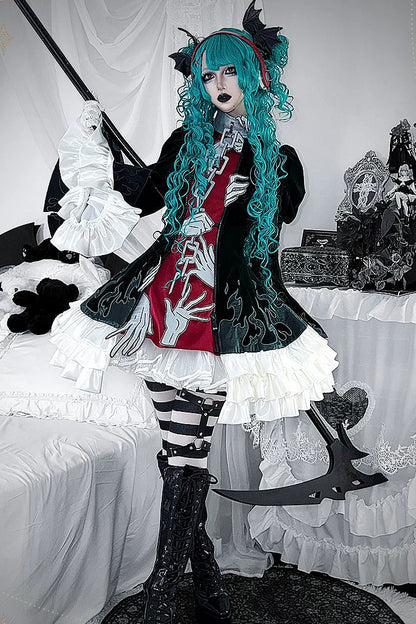 [Pre-order] Dark Green x Red Gothic Prince Velvet Flame 3D Chain Detail Ruffle Lolita Dress