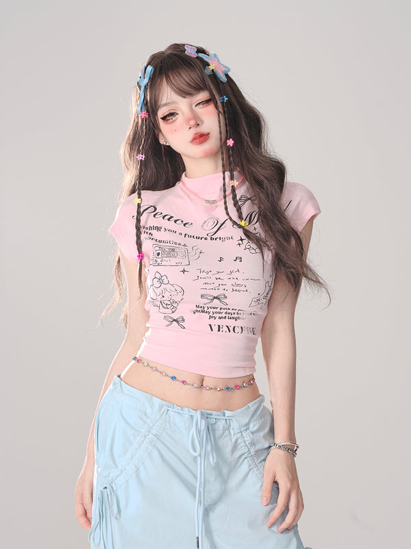 ピュアホワイトピンクバックドロストリボンクロップドTシャツ