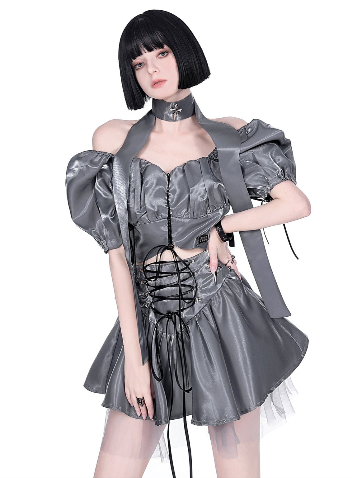 Cyberpunk glitter setup cross neck stole + puff sleeve short top + lace up tulle skirt