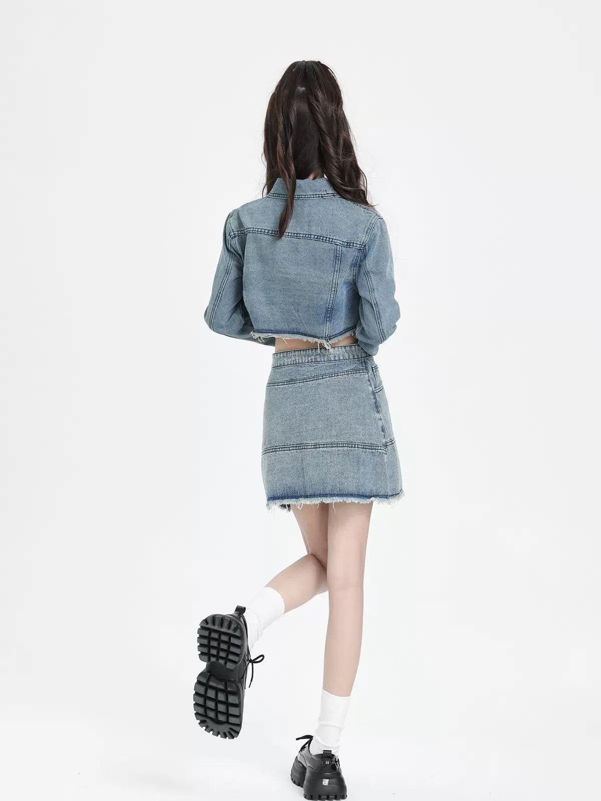 American Retro Denim Short Jacket + Skirt