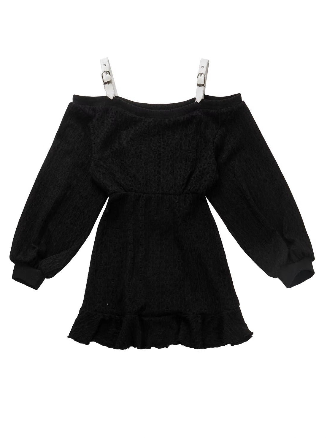 Cross Gothic Black Knitted Top Skirt + Black White Off Shoulder Dress Set Up