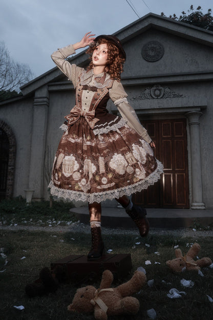 [Reservation Deadline: November 6] Navy Blue/Brown Classic Italian Travel Diary Lolita Vintage Print Bow Bustier JSK Dress with Metal Buttons & Lace Detail