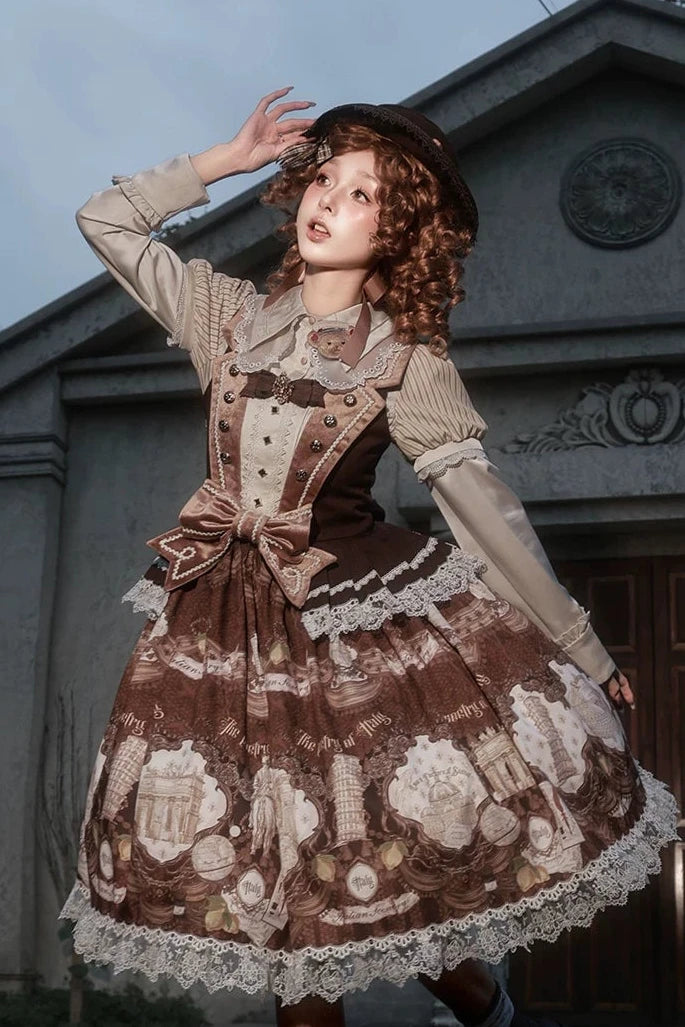 [Reservation Deadline: November 6] Beige Striped Short-Sleeve Lolita Shirt with Beautiful Embroidery and a Layered Lace Collar + Pair of Detachable Long Sleeves + Long-Sleeve Shirt (with Detachable Embroidered Collar)