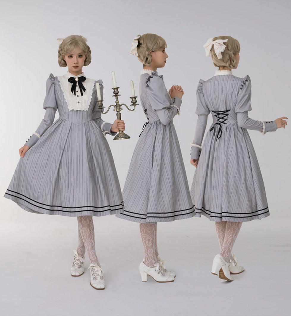 【8月18日予約締切】グレーストライプアンドフォググラデーションクラシカルドレス＋ハット＋ヘアクリップ