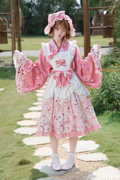 【10月21日予約締切】Pink/Blue Hanfu-inspired Little Lamb Tea Party Lace Wide Sleeve Blouse + Printed Ruffle Skirt + Pleated Mamian Skirt + Strawberry Embroidered Ribbon Lace Apron