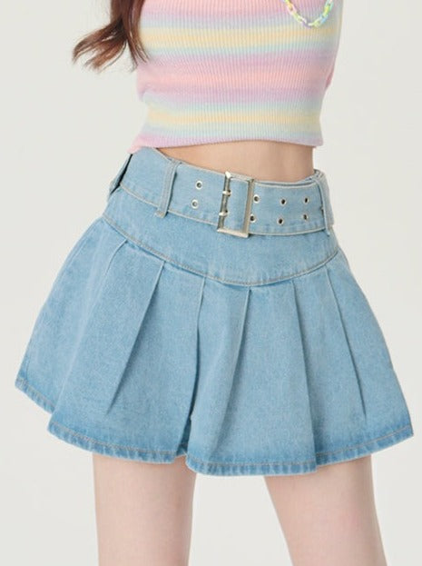 Denim pleated short skirt