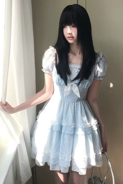 아이스 스위트 퍼프 시스루 레이스 원피스