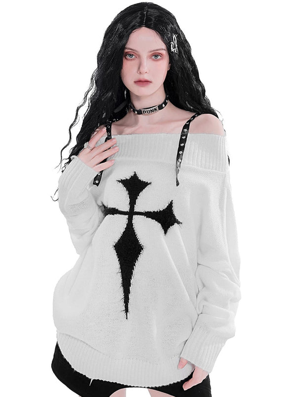 Cross Pattern Punk Rivet Shoulder Strap Off-Shoulder Knit Sweater