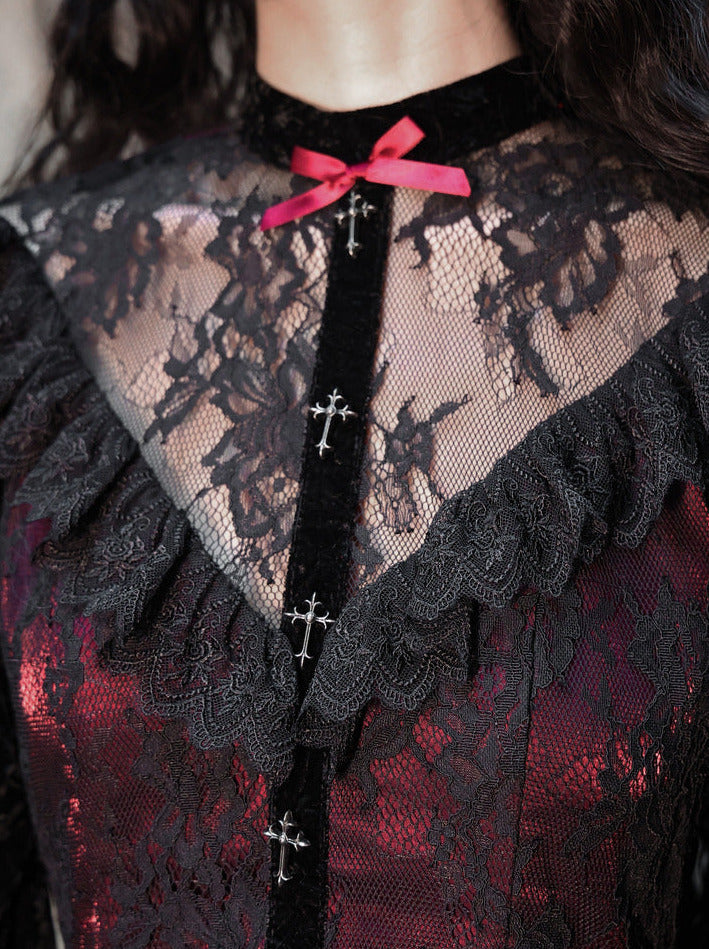 Rose Cemetery Gothic Dark Red Velvet Puff-Sleeve Lace Dress Belchic Rose Cemetery Gothic Dark Red Velvet Puff-Sleeve Lace Dress Belchic