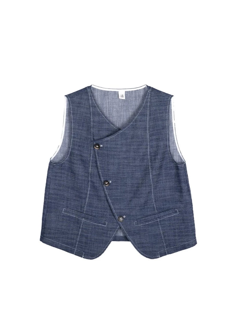 Shallot-cut blue linen denim vest + denim skirt