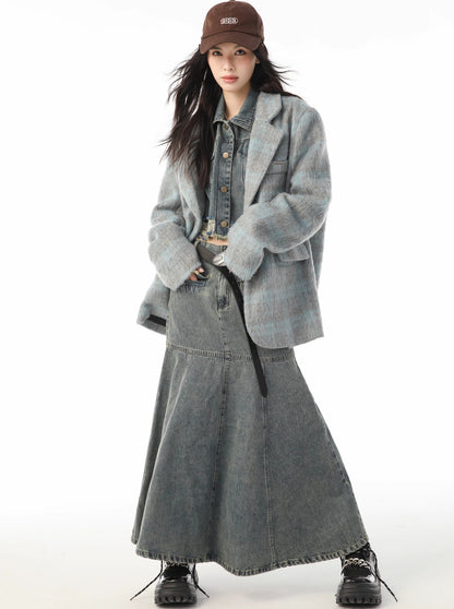 Trendy wool check retro loose jacket