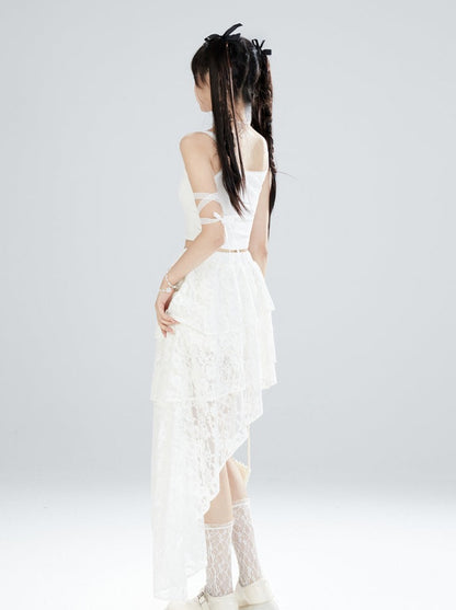 Lace Pure White Asymmetrical Skirt