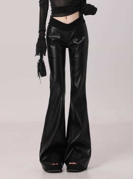 Leather design long flare pants