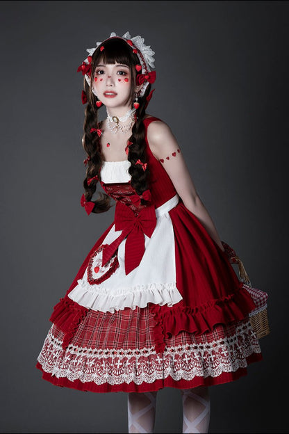 [Reservation product]Sweet Red Check Ribbon Dress [Little Red Riding Hood Outfit]