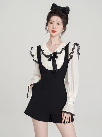 Ruffle collar blouse + suspender shorts