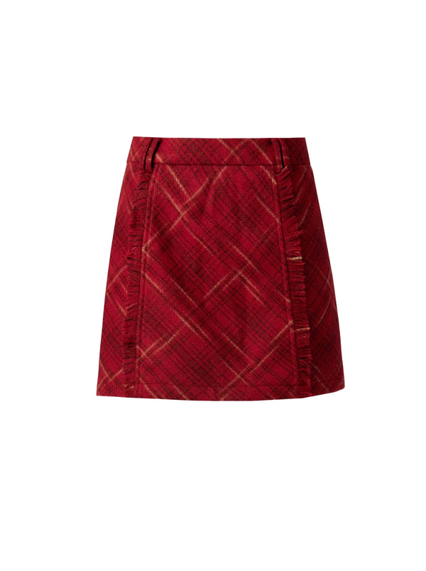 Retro dark red check long skirt + short skirt