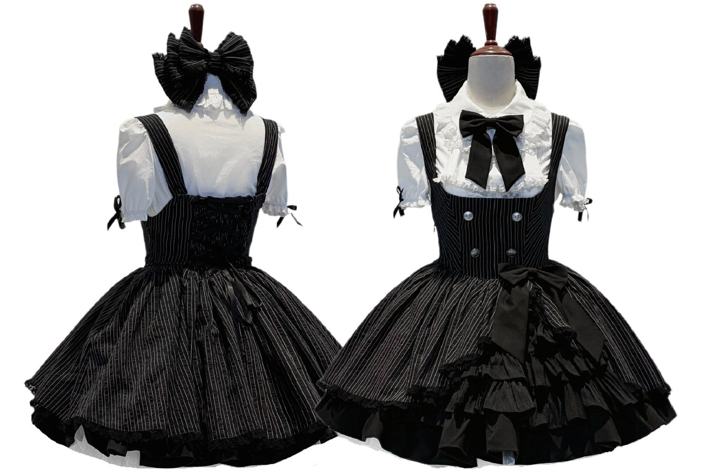 [Scadenza prenotazione 4 giugno] Blusa bianca con volant, jabot e fiocco gotico + completo con abito scamiciato a righe nere e fiocco + cerchietto con fiocco