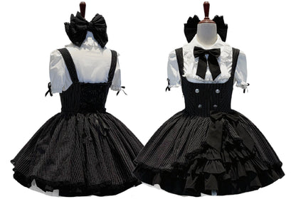[Scadenza prenotazione 4 giugno] Blusa bianca con volant, jabot e fiocco gotico + completo con abito scamiciato a righe nere e fiocco + cerchietto con fiocco