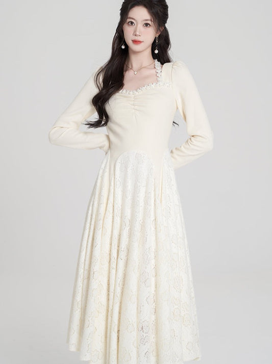 フレンチスクエアネックレースロングワンピース
