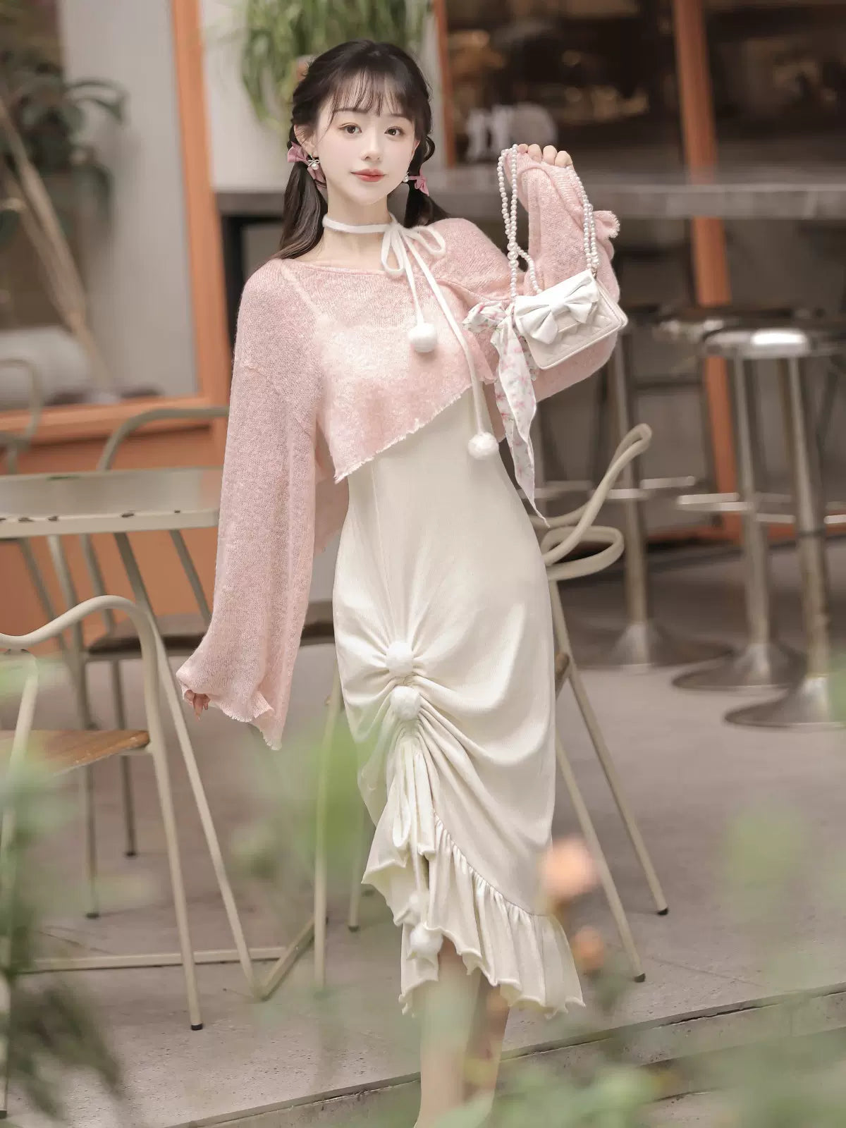 Sweet Girly China Asymmetrical Sheer Top + Suspender Dress