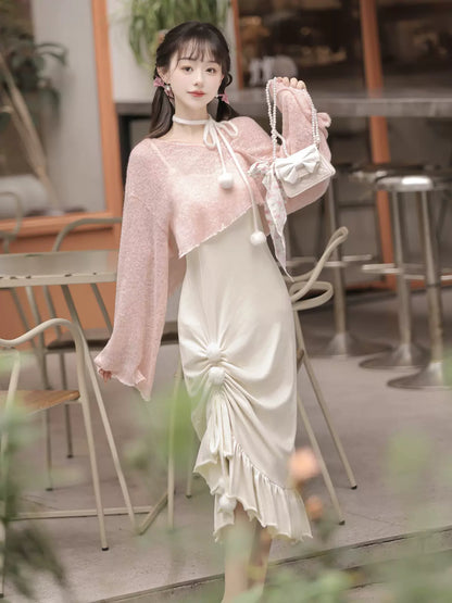 Sweet Girly China Asymmetrical Sheer Top + Suspender Dress