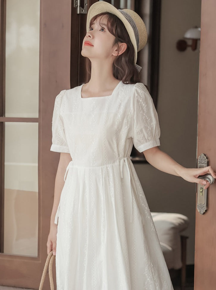 Square color puff sleeve waist dress