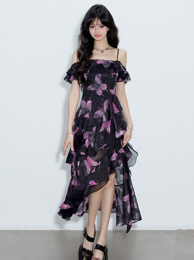 Butterfly Long Asymmetrical Summer Off-the-shoulder Dress