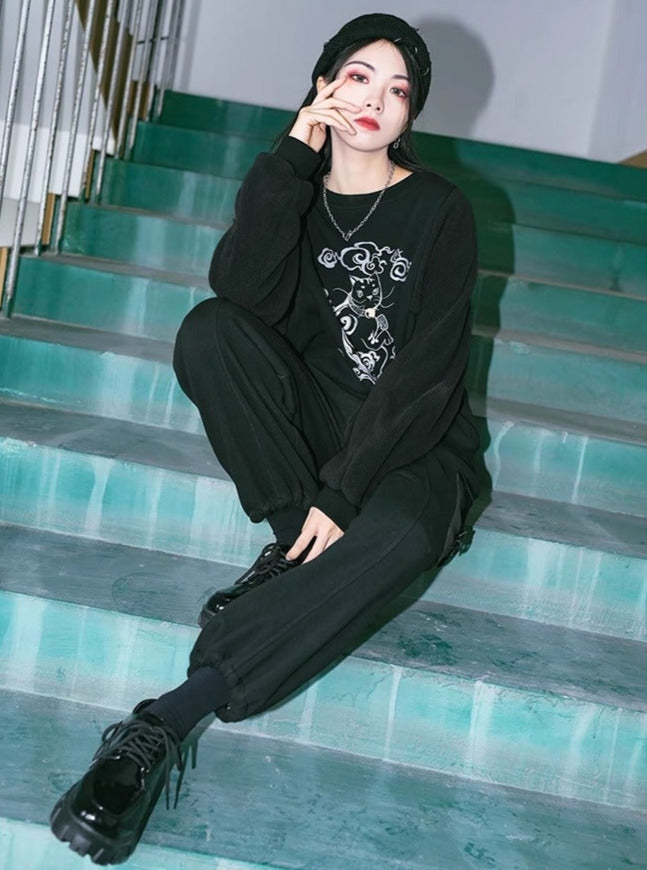 Black Velvet Sweatshirt Casual Pants China Suit