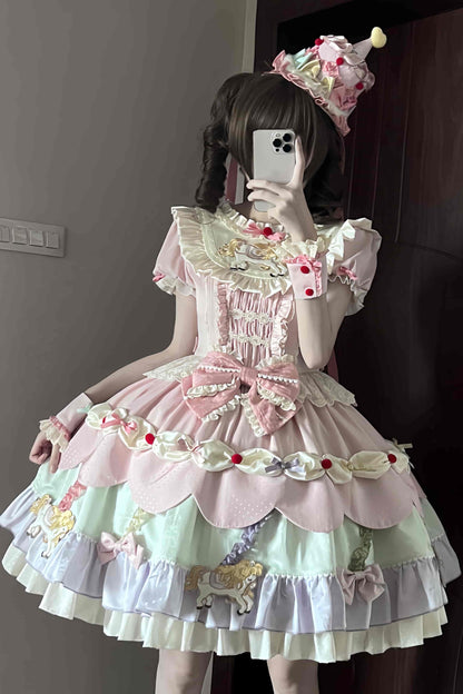 【8月20日予約締切】ピンク×パステルスイートロリータエンブロイダリーフリルリボンティアードドレス