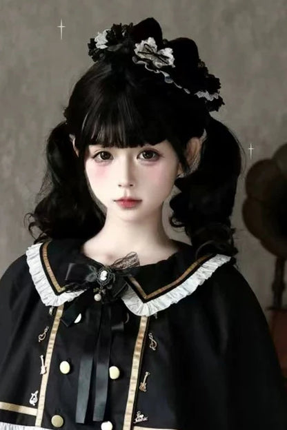 Reservation Deadline: December 26 Black Gold Gothic Lolita Cat Choir Series Accessories (Cat Ear BB Hat + Back Ribbon Train + Pair of Side Ribbons with Musical Note and Cross Motifs + Cat Print Ribbon KC + Black Cat Ear Lace Mini Hat)