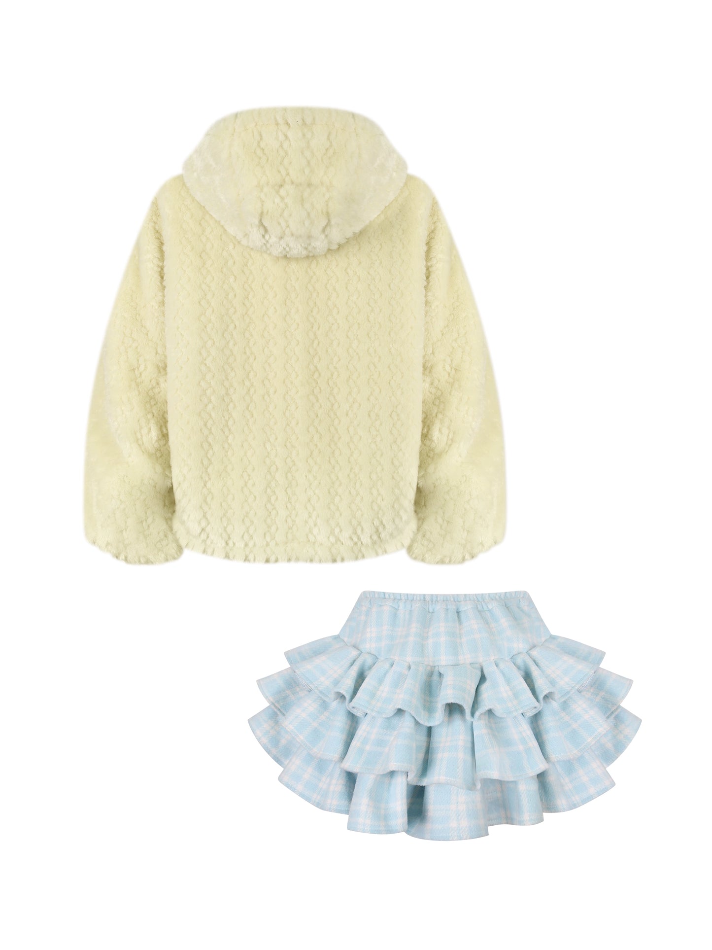 カスタードプリンイエロープラッシュジャケット+ブルーチェックケーキスカート