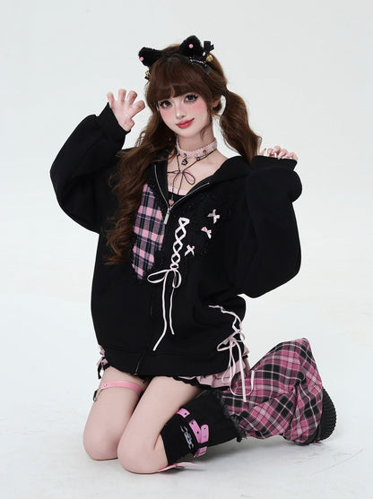 Lace-Up Design Loose Hooded Zip Hoodie