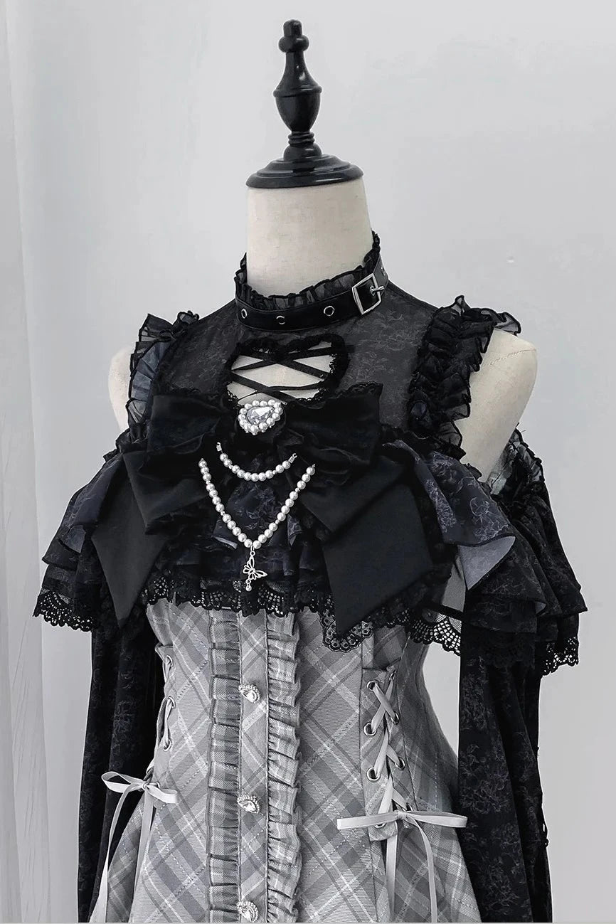 [Pre-order Deadline: October 30] Dark Gothic Black and Gray Plaid Cold-Shoulder Ribbon Lace Dress Set (Including Shorts, Bow Tie, Small Bows*1) + Chain Ribbon Accessories for Sleeves