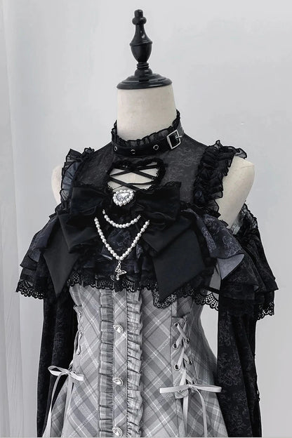 [Pre-order Deadline: October 30] Dark Gothic Black and Gray Plaid Cold-Shoulder Ribbon Lace Dress Set (Including Shorts, Bow Tie, Small Bows*1) + Chain Ribbon Accessories for Sleeves