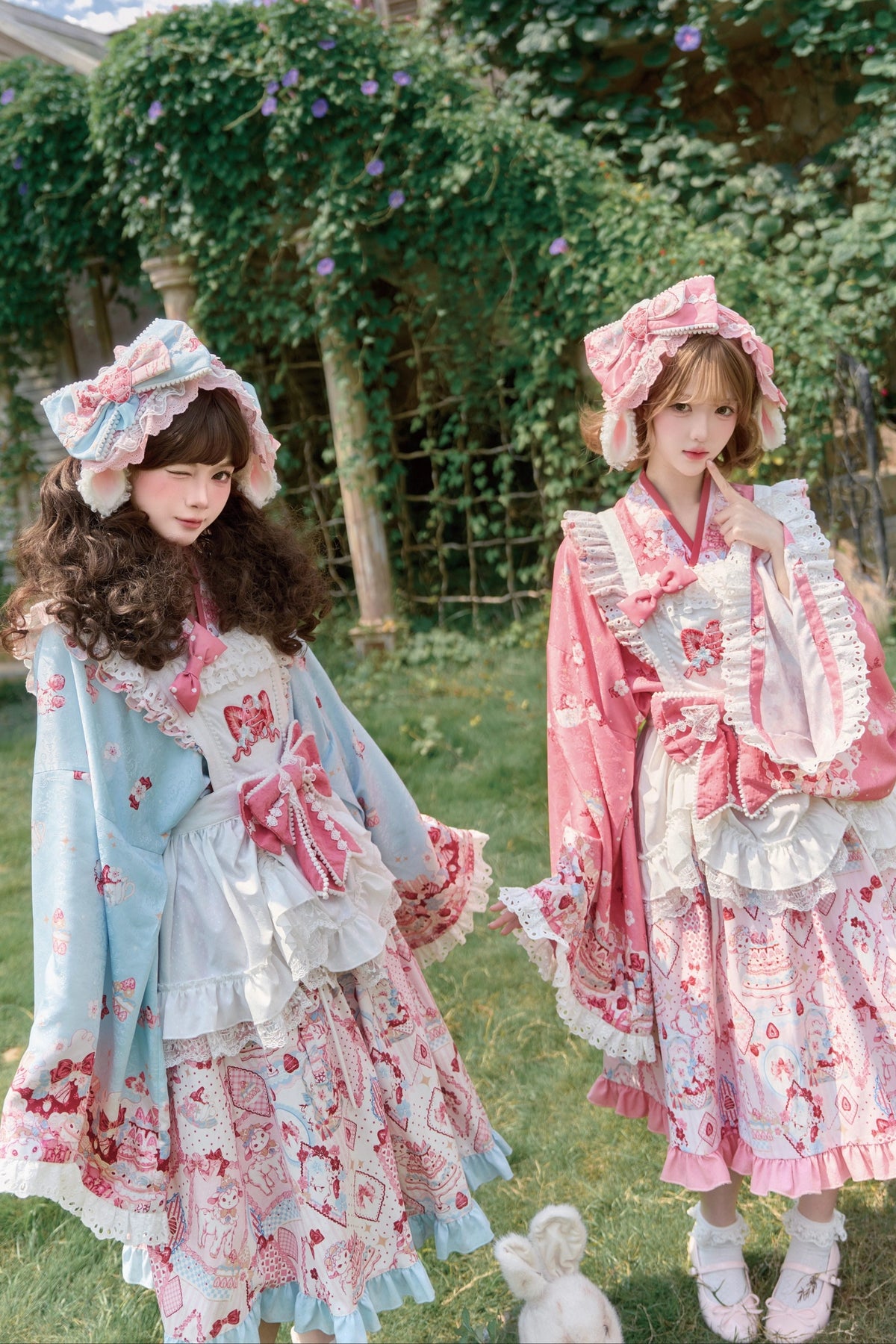 【10月21日予約締切】Pink/Blue Hanfu-inspired Little Lamb Tea Party Lace Wide Sleeve Blouse + Printed Ruffle Skirt + Pleated Mamian Skirt + Strawberry Embroidered Ribbon Lace Apron