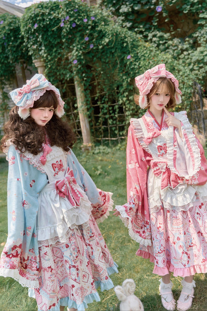 【10月21日予約締切】Pink/Blue Hanfu-inspired Little Lamb Tea Party Lace Wide Sleeve Blouse + Printed Ruffle Skirt + Pleated Mamian Skirt + Strawberry Embroidered Ribbon Lace Apron