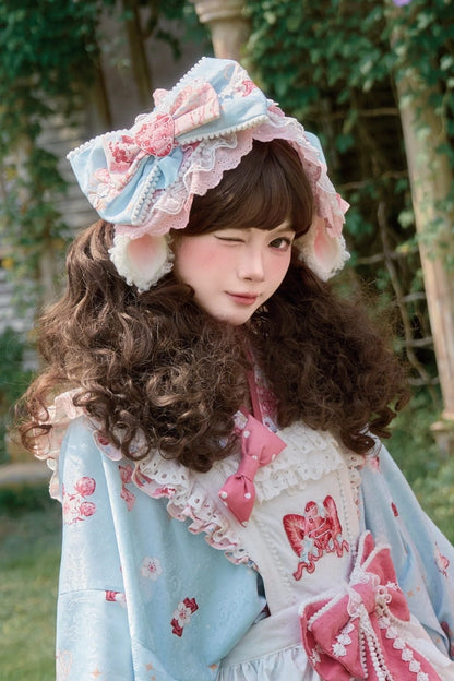 【10月21日予約締切】Pink/Blue Lamb Ear Headband With Detachable Ribbon + Strawberry Embroidered Ribbon KC