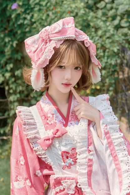 【10月21日予約締切】Pink/Blue Lamb Ear Headband With Detachable Ribbon + Strawberry Embroidered Ribbon KC