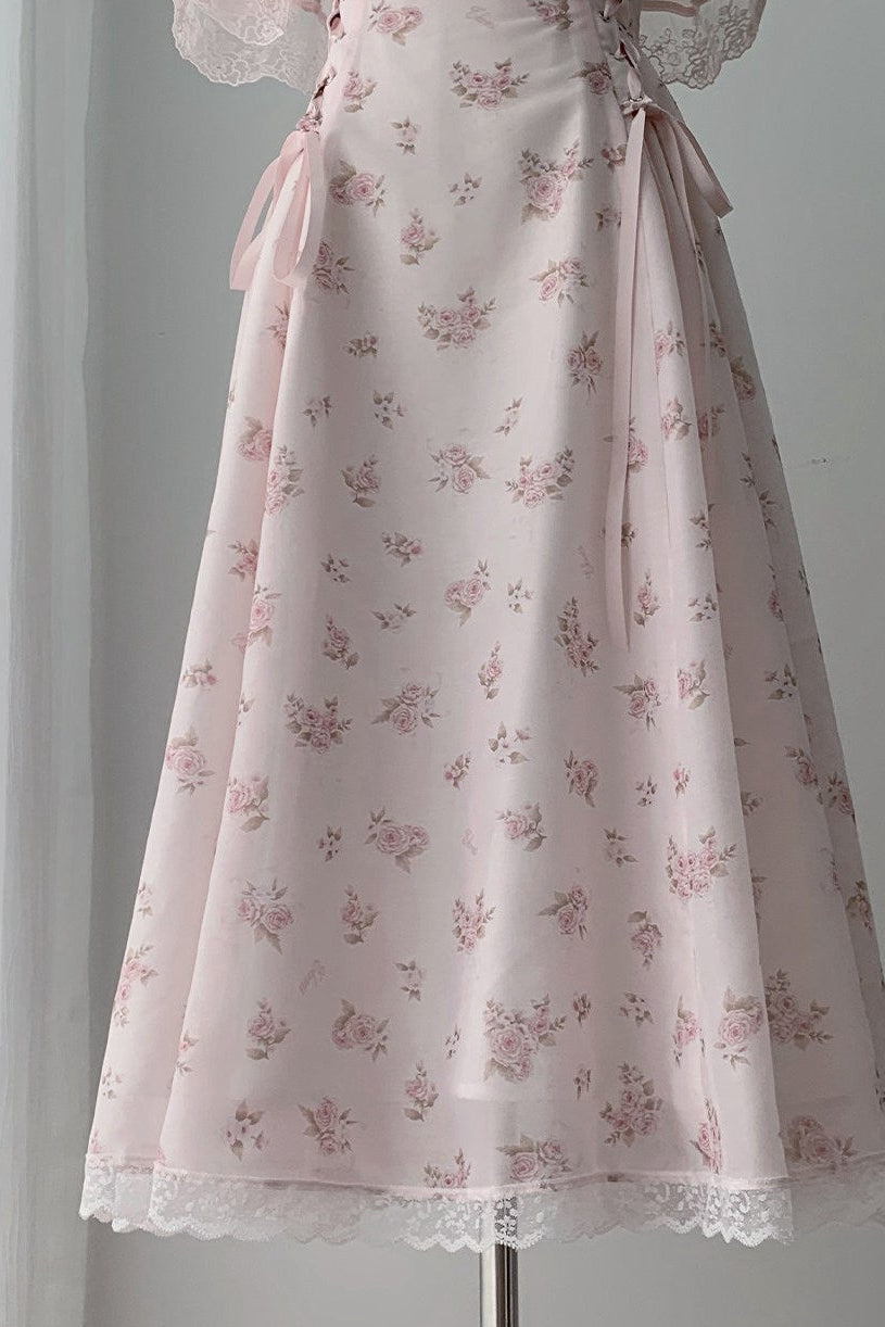 [Preorder Deadline: June 15] Pink Floral Chiffon Lace Jeweled Ribbon Open-Shoulder Long Dress
