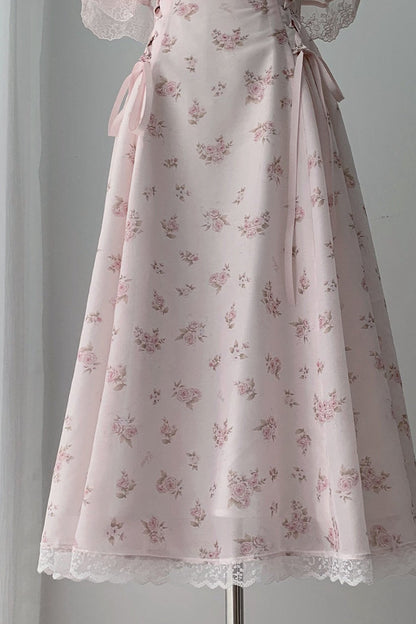 [Preorder Deadline: June 15] Pink Floral Chiffon Lace Jeweled Ribbon Open-Shoulder Long Dress