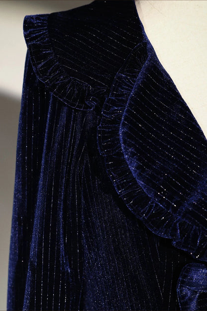 [Reservation Deadline: November 6] Navy Blue/Brown Classic Italian Travel Diary Lolita Silver Thread Velvet Stripe Ribbon Frill Jacket