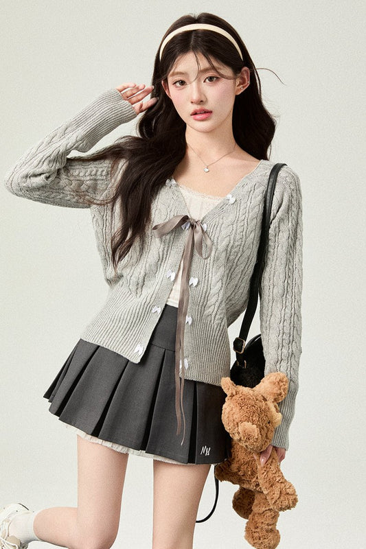 Bell Design Bow Knit Cardigan + Lace Pleated Skirt