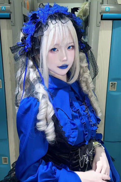 [Reservierungsschluss am 26. Juni] Blau/Schwarz/Grau/Grün/Lila/Weiß Gothic-Lolita-Hemd mit Fledermausflügel-Kragen und eleganten Rüschen-Flare-Ärmeln