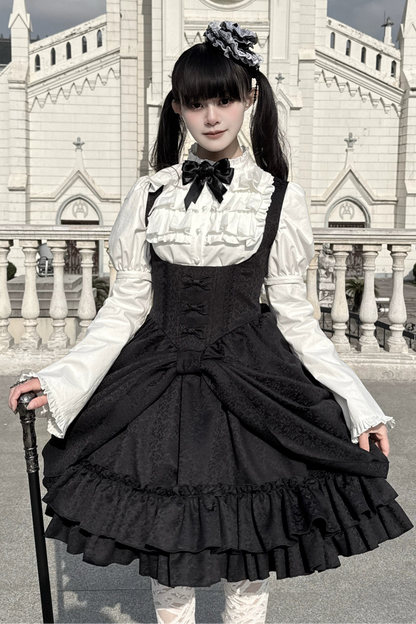 【4月18日予約締切】ダークゴシックロリータスタンドカラーパフスリーブラッフルシャツ（ロングスリーブ付き）