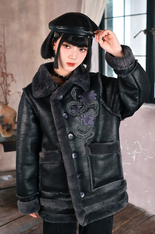 Quirky House "Scale Realm" Fur integrated thickened turtleneck jacket women's winter dark style warm patchwork with fur edge top